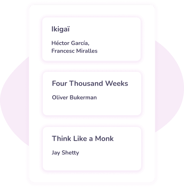 Image presenting a list of books that gave Chirpi inspiration concerning life goals: Ikigaï by Hector Garcia and Francesc Miralles, Four Thousand Weeks by Oliver Burkeman, and Think Like a Monk by Jay Shetty