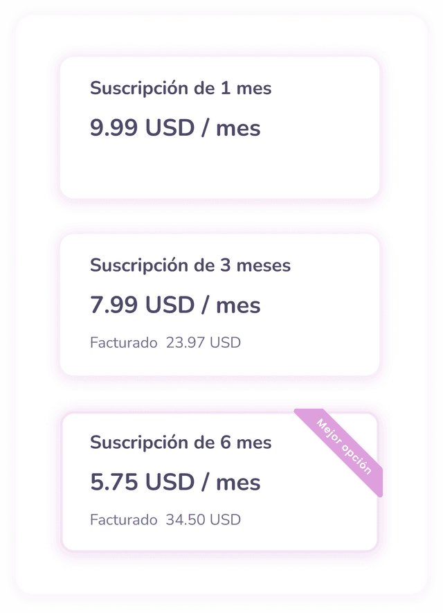 Imagen presentando los precios de la aplicación, 9,99 USD por 1 mes, 23,97 USD por 3 meses, y 34,50 USD por 6 meses.