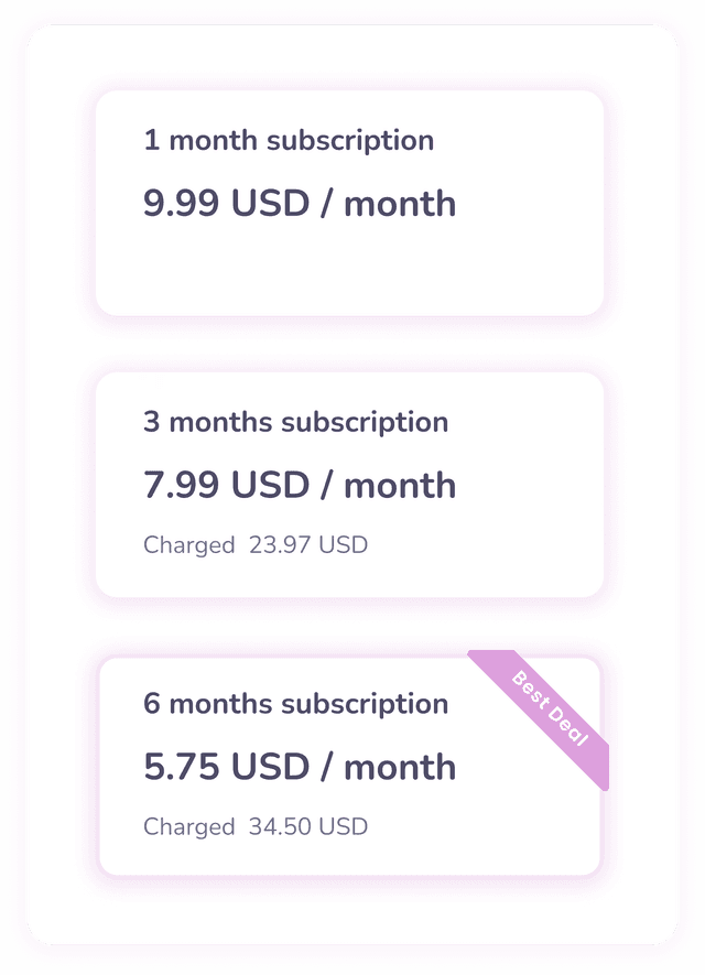 Image presenting the prices of the app, 9.99 USD for 1 month, 23.97 USD for 3 months, and 34.50 USD 6 months.